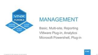 56© Copyright 2015 EMC Corporation. All rights reserved.
MANAGEMENT
Basic, Multi-site, Reporting
VMware Plug-in, Analytics
Microsoft Powershell, Plug-in
 