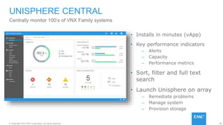 58© Copyright 2015 EMC Corporation. All rights reserved.
• Installs in minutes (vApp)
• Key performance indicators
– Alerts
– Capacity
– Performance metrics
• Sort, filter and full text
search
• Launch Unisphere on array
– Remediate problems
– Manage system
– Provision storage
UNISPHERE CENTRAL
Centrally monitor 100’s of VNX Family systems
 