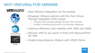 78© Copyright 2015 EMC Corporation. All rights reserved.
• Best VMware integration on the market
• Empower VMware admins with the free Virtual
Storage Integrator (VSI) plugin
– Provision and manage storage directly from vCenter
– Enables monitoring and end to end storage mappings
• Improve efficiency and visibility with VAAI and VASA
• Recover VMs to any point-in-time with RecoverPoint
for VMs
• Enable long-distance vMotion with VPLEX Metro
WHY VNX/VNXe FOR VMWARE
RecoverPoint
VPLEX
VSI
 
