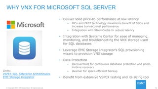 92© Copyright 2015 EMC Corporation. All rights reserved.
• Deliver solid price-to-performance at low latency
– MCx and FAST technology maximizes benefit of SSDs and
increase transactional performance
– Integration with XtremCache to reduce latency
• Integration with Systems Center for ease of managing,
monitoring, and troubleshooting the VNX storage used
for SQL databases
• Leverage EMC Storage Integrator’s SQL provisioning
wizard to provision VNX storage
• Data Protection
– RecoverPoint for continuous database protection and point-
in-time recovery
– Avamar for space-efficient backup
• Benefit from extensive VSPEX testing and its sizing tool
WHY VNX FOR MICROSOFT SQL SERVER
Links:
VSPEX SQL Reference Architectures
EMC Storage Integrator
 
