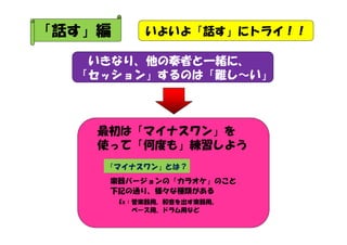「話す」編

いよいよ「話す」にトライ！！

いきなり、他の奏者と一緒に、
「セッション」するのは「難し～い」

最初は「マイナスワン」を
使って「何度も」練習しよう
「マイナスワン」とは？
楽器バージョンの「カラオケ」のこと
下記の通り、様々な種類がある
Ex：管楽器用、和音を出す楽器用、
ベース用、ドラム用など

 