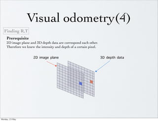Visual odometry(4)
   Finding R,T
      Prerequisite
      2D image plane and 3D depth data are correspond each other.
      Therefore we knew the intensity and depth of a certain pixel.


                       2D image plane                                 3D depth data




Monday,	 23	 May	 
 