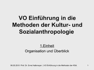 VO Einführung in die Methoden der Kultur- und Sozialanthropologie   1.Einheit Organisation und Überblick 