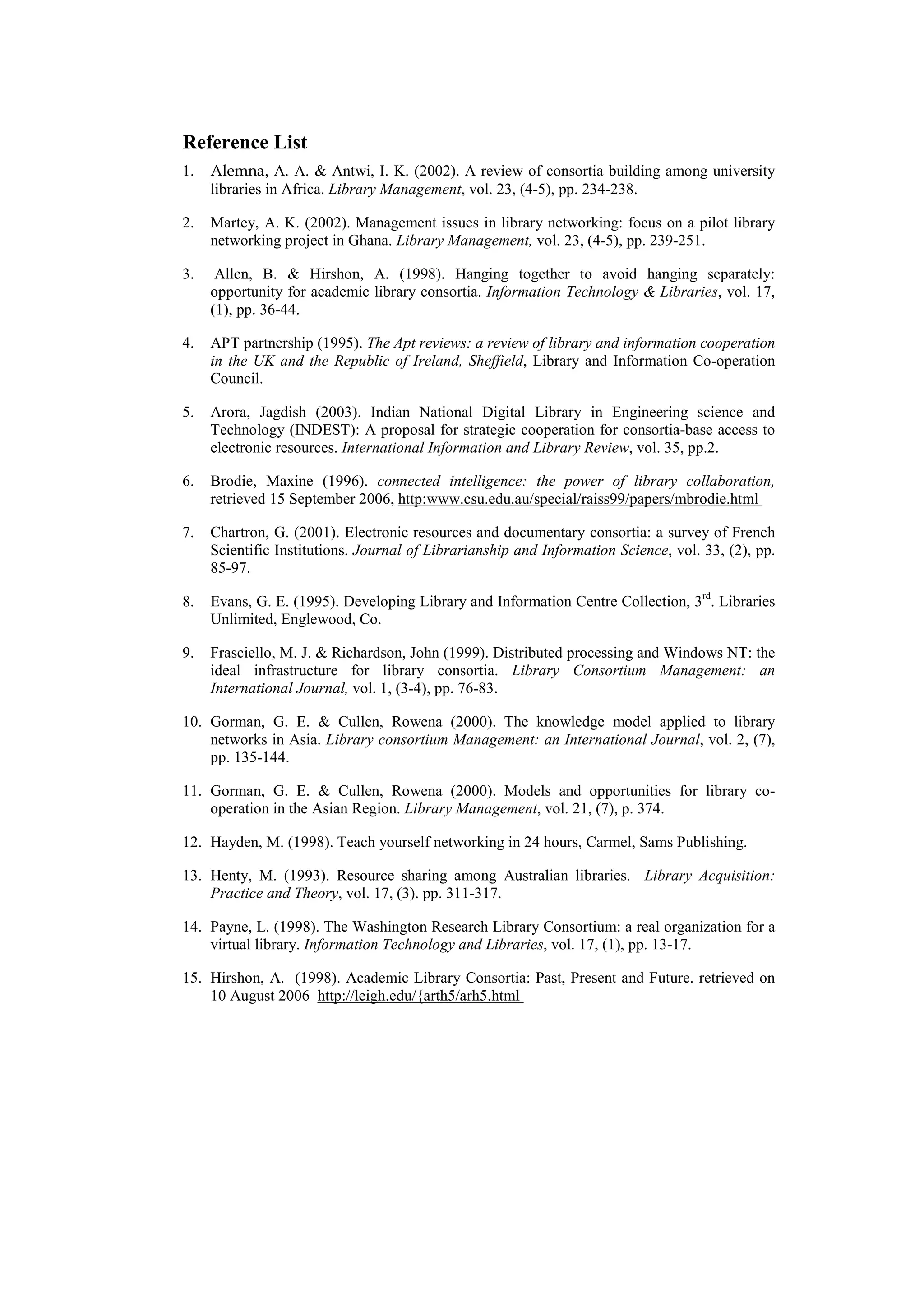 Reference List
1.   Alemna, A. A. & Antwi, I. K. (2002). A review of consortia building among university
     libraries in Africa. Library Management, vol. 23, (4-5), pp. 234-238.

2.   Martey, A. K. (2002). Management issues in library networking: focus on a pilot library
     networking project in Ghana. Library Management, vol. 23, (4-5), pp. 239-251.

3.    Allen, B. & Hirshon, A. (1998). Hanging together to avoid hanging separately:
     opportunity for academic library consortia. Information Technology & Libraries, vol. 17,
     (1), pp. 36-44.

4.   APT partnership (1995). The Apt reviews: a review of library and information cooperation
     in the UK and the Republic of Ireland, Sheffield, Library and Information Co-operation
     Council.

5.   Arora, Jagdish (2003). Indian National Digital Library in Engineering science and
     Technology (INDEST): A proposal for strategic cooperation for consortia-base access to
     electronic resources. International Information and Library Review, vol. 35, pp.2.

6.   Brodie, Maxine (1996). connected intelligence: the power of library collaboration,
     retrieved 15 September 2006, http:www.csu.edu.au/special/raiss99/papers/mbrodie.html

7.   Chartron, G. (2001). Electronic resources and documentary consortia: a survey of French
     Scientific Institutions. Journal of Librarianship and Information Science, vol. 33, (2), pp.
     85-97.

8.   Evans, G. E. (1995). Developing Library and Information Centre Collection, 3rd. Libraries
     Unlimited, Englewood, Co.

9.   Frasciello, M. J. & Richardson, John (1999). Distributed processing and Windows NT: the
     ideal infrastructure for library consortia. Library Consortium Management: an
     International Journal, vol. 1, (3-4), pp. 76-83.

10. Gorman, G. E. & Cullen, Rowena (2000). The knowledge model applied to library
    networks in Asia. Library consortium Management: an International Journal, vol. 2, (7),
    pp. 135-144.

11. Gorman, G. E. & Cullen, Rowena (2000). Models and opportunities for library co-
    operation in the Asian Region. Library Management, vol. 21, (7), p. 374.

12. Hayden, M. (1998). Teach yourself networking in 24 hours, Carmel, Sams Publishing.

13. Henty, M. (1993). Resource sharing among Australian libraries. Library Acquisition:
    Practice and Theory, vol. 17, (3). pp. 311-317.

14. Payne, L. (1998). The Washington Research Library Consortium: a real organization for a
    virtual library. Information Technology and Libraries, vol. 17, (1), pp. 13-17.

15. Hirshon, A. (1998). Academic Library Consortia: Past, Present and Future. retrieved on
    10 August 2006 http://leigh.edu/{arth5/arh5.html
 