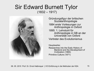 Sir Edward Burnett Tylor  (1832 – 1917) Gründungsfigur der britischen Sozialanthropologie 1884 erste Vorlesungen zur Anthropologie in Oxford 1895: 1. Lehrstuhl für Anthropologie in GB an der Universität von Oxford Vertreter des Evolutionismus Hauptwerke: Researches into the Early History of Mankind and the Development of Civilization (1865)  Primitive Culture (1871)  