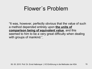 Flower´s Problem “ It was, however, perfectly obvious that the value of such a method depended entirely upon  the units of comparison being of equivalent value , and this seemed to him to be a very great difficulty when dealing with groups of mankind.”   