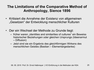 The Limitations of the Comparative Method of Anthropology, Sience 1896 Kritisiert die Annahme der Existenz von allgemeinen „Gesetzen“ der Entwicklung menschlicher Kulturen Der ein Wechsel der Methode zu Grunde liegt:  früher waren „identities and similarities of cultures“ ein Beweiss historischer Beziehungen oder gleichen Ursprungs (Ideenarmut – Diffusion) Jetzt sind sie ein Ergebnis des gleichförmigen Wirkens des menschlichen Geistes (Bastian – Elementargedanke) 