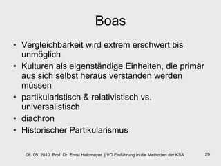 Boas Vergleichbarkeit wird extrem erschwert bis unmöglich Kulturen als eigenständige Einheiten, die primär aus sich selbst heraus verstanden werden müssen partikularistisch & relativistisch vs. universalistisch diachron Historischer Partikularismus 
