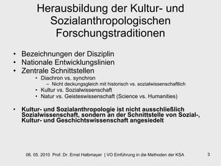 Herausbildung der Kultur- und Sozialanthropologischen Forschungstraditionen Bezeichnungen der Disziplin Nationale Entwicklungslinien Zentrale Schnittstellen Diachron vs. synchron Nicht deckungsgleich mit historisch vs. sozialwissenschaftlich Kultur vs. Sozialwissenschaft Natur vs. Geisteswissenschaft (Science vs. Humanities) Kultur- und Sozialanthropologie ist nicht ausschließlich Sozialwissenschaft, sondern an der Schnittstelle von Sozial-, Kultur- und Geschichtswissenschaft angesiedelt 