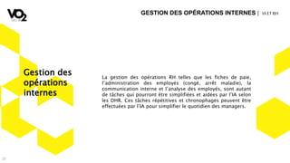 25
La gestion des opérations RH telles que les fiches de paie,
l’administration des employés (congé, arrêt maladie), la
communication interne et l’analyse des employés, sont autant
de tâches qui pourront être simplifiées et aidées par l’IA selon
les DHR. Ces tâches répétitives et chronophages peuvent être
effectuées par l’IA pour simplifier le quotidien des managers.
GESTION DES OPÉRATIONS INTERNES | IA ETRH
Gestion des
opérations
internes
 