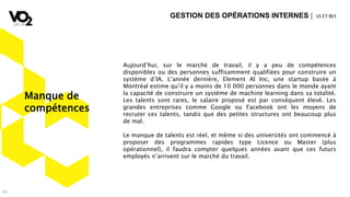 30
Aujourd’hui, sur le marché de travail, il y a peu de compétences
disponibles ou des personnes suffisamment qualifiées pour construire un
système d’IA. L’année dernière, Element AI Inc, une startup basée à
Montréal estime qu’il y a moins de 10 000 personnes dans le monde ayant
la capacité de construire un système de machine learning dans sa totalité.
Les talents sont rares, le salaire proposé est par conséquent élevé. Les
grandes entreprises comme Google ou Facebook ont les moyens de
recruter ces talents, tandis que des petites structures ont beaucoup plus
de mal.
Le manque de talents est réel, et même si des universités ont commencé à
proposer des programmes rapides type Licence ou Master (plus
opérationnel), il faudra compter quelques années avant que ces futurs
employés n’arrivent sur le marché du travail.
GESTION DES OPÉRATIONS INTERNES | IA ETRH
Manque de
compétences
 