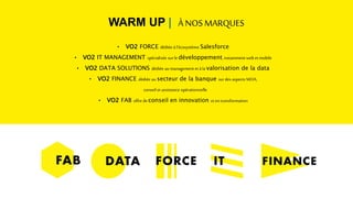 • VO2 FORCE dédiée à l’écosystème Salesforce
• VO2 IT MANAGEMENT spécialisée sur le développement, notamment web et mobile
• VO2 DATA SOLUTIONS dédiée au management età la valorisation de la data
• VO2 FINANCE dédiée au secteur de la banque surdes aspects MOA,
conseil et assistance opérationnelle
• VO2 FAB offre deconseil en innovation et en transformation
WARM UP | À NOS MARQUES
 