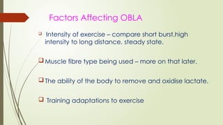 Factors Affecting OBLA
 Intensity of exercise – compare short burst,high
intensity to long distance, steady state.
Muscle fibre type being used – more on that later.
The ability of the body to remove and oxidise lactate.
 Training adaptations to exercise
 