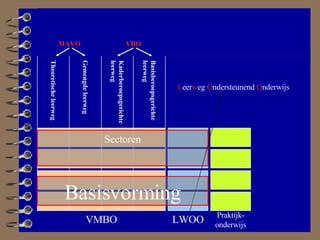 Theoretische leerweg Gemengde leerweg Kaderberoepsgerichte leerweg Basisberoepsgerichte leerweg MAVO VBO VMBO Sectoren LWOO Praktijk-onderwijs L eer w eg  O ndersteunend  O nderwijs Basisvorming 