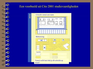bebouwing trottoir straat tuin Bebouwing Legenda Uitzicht vanuit een raam Vanuit welk huis heb je dit uitzicht op straat? Een voorbeeld uit Cito 2001 studievaardigheden 