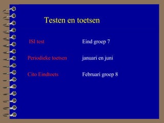 ISI test   Cito Eindtoets Eind groep 7 Februari groep 8 Periodieke toetsen januari en juni Testen en toetsen 