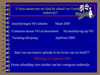 U kiest samen met uw kind de school van Voortgezet onderwijs!! Inschrijvingen VO scholen: Maart 2003 Contacten tussen VO en basischool: Na inschrijving op VO Toelating/afwijzing: April/mei 2003 Start van een nieuwe episode in het leven van uw kind!!!!  Maandag 18 Augustus 2003 Eerste schooldag voor scholen van het voortgezet onderwijs.  