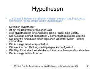 Hypothesen „ Je länger Studierende arbeiten müssen um sich das Studium zu finanzieren, desto länger ist die Studiendauer“  Definition Hypothese:  ist ein mit Begriffen formulierter Satz eine Hypothese ist eine Aussage.  Keine Frage, kein Befehl. Die Aussage enthält mindestens 2 semantisch relevante Begriffe Die Begriffe sind durch einen logischen Operator (wenn – dann) verbunden Die Aussage ist widerspruchsfrei Die empirischen Geltungsbedingungen sind aufgezählt Die Begriffe sind auf Wirklichkeitsphänomene hin operationalisierbar Die Aussage ist falsifizierbar 