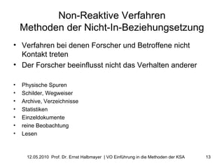 Non-Reaktive Verfahren Methoden der Nicht-In-Beziehungsetzung Verfahren bei denen Forscher und Betroffene nicht Kontakt treten Der Forscher beeinflusst nicht das Verhalten anderer Physische Spuren Schilder, Wegweiser Archive, Verzeichnisse Statistiken Einzeldokumente reine Beobachtung Lesen 