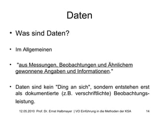 Daten Was sind Daten? Im Allgemeinen " aus Messungen, Beobachtungen und Ähnlichem gewonnene Angaben und Informationen ."  Daten sind kein "Ding an sich", sondern entstehen erst als dokumentierte (z.B. verschriftlichte) Beobachtungs-leistung.   