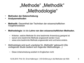„ Methode“ „Methodik“ „Methodologie“ Methoden der Datenerhebung Analysemethoden Methodik : Gesamtheit der Techniken der wissenschaftlichen Vorgehensweisen Methodologie:  ist die  Lehre von den  wissenschaftlichen Methoden . Kriterien, welche Methode für eine bestimmte Anwendung geeignet ist warum eine bestimmte Methode angewandt werden muss wieso eine bestimmte Methode angewendet wird und keine andere. Methodologie  wird auch unpräzise für „Methodik“ gebraucht ( Die vorliegende Studie bedient sich folgender Methodologie…)   Diese Unterscheidung existiert im Englischen nicht  