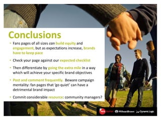 Conclusions
• Fans pages of all sizes can build equity and
  engagement, but as expectations increase, brands
  have to ke...