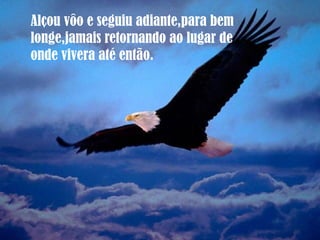 Alçou vôo e seguiu adiante,para bem
longe,jamais retornando ao lugar de
onde vivera até então.
 