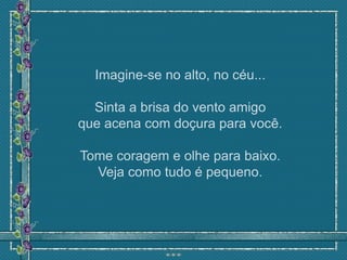 Imagine-se no alto, no céu...

  Sinta a brisa do vento amigo
que acena com doçura para você.

Tome coragem e olhe para baixo.
  Veja como tudo é pequeno.
 