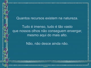 Quantos recursos existem na natureza.

     Tudo é imenso, tudo é tão vasto
que nossos olhos não conseguem enxergar,
        mesmo aqui do mais alto.

       Não, não desce ainda não.
 