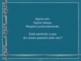 Agora sim.
     Agora desça.
 Respire profundamente.

    Está sentindo a paz
do nosso passeio pelo céu?
 