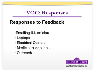 VOC: Responses Responses to Feedback Emailing ILL articles Laptops Electrical Outlets Media subscriptions Outreach 