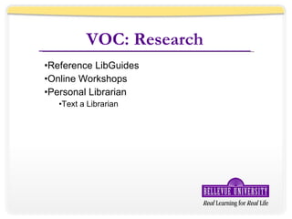 VOC: Research Reference LibGuides Online Workshops Personal Librarian Text a Librarian 