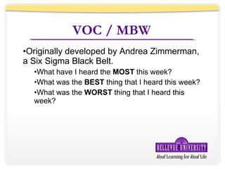 VOC / MBW Originally developed by Andrea Zimmerman, a Six Sigma Black Belt. What have I heard the  MOST  this week? What was the  BEST  thing that I heard this week? What was the  WORST  thing that I heard this week? 