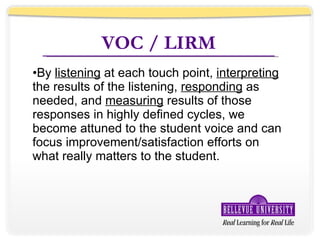 VOC / LIRM By  listening  at each touch point,  interpreting  the results of the listening,  responding  as needed, and  measuring  results of those responses in highly defined cycles, we become attuned to the student voice and can focus improvement/satisfaction efforts on what really matters to the student. 