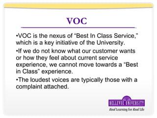 VOC  VOC is the nexus of “Best In Class Service,” which is a key initiative of the University. If we do not know what our customer wants or how they feel about current service experience, we cannot move towards a “Best in Class” experience. The loudest voices are typically those with a complaint attached. 