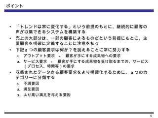 ポイント



•   「トレンドは常に変化する」という前提のもとに、継続的に顧客の
    声が収集できるシステムを構築する
•   売上の大部分は、一部の顧客によるものだという前提にもとに、主
    要顧客を明確に定義することに注意を払う
•   下記 2 つの顧客要求は何か？を捉えることに常に努力する
    1. アウトプット要求　— 　顧客が手にする成果物への要求
    2. サービス要求　— 　顧客が手にする成果物を受け取るまでの、サービス
       （プロセス、時間等）の要求
•   収集されたデータから顧客要求をより明確化するために、 3 つのカ
    テゴリーに分類する
    1. 不満要因
    2. 満足要因
    3. より高い満足を与える要因




                                           12
 