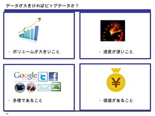データが大きければビッグデータか？




     ・ボリュームが大きいこと　　　　　　　　　・速度が速いこと




     ・多様であること　　　　　　　　　　　　　・価値があること

14
 