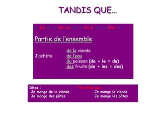 TANDIS QUE…
« Du », « De La », « De L’ », « Des »
Partie de l’ensemble
de la viande
J’achète de l’eau
du poisson (de + le = du)
des fruits (de + les = des)
Dites : Ne dites pas :
Je mange de la viande Je mange la viande
Je mange des pâtes Je mange les pâtes
 