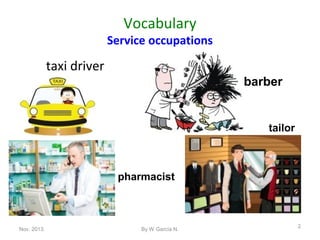Vocabulary

Service occupations

taxi driver
barber

tailor

pharmacist

Nov. 2013.

By W García N.

2

 