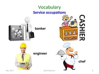 Vocabulary

Service occupations

banker

engineer
chef
Nov. 2013.

By W García N.

6

 