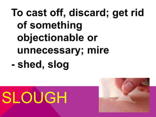 To cast off, discard; get rid 
of something 
objectionable or 
unnecessary; mire 
- shed, slog 
SLOUGH 
 