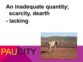 An inadequate quantity; 
scarcity, dearth 
- lacking 
PAUCITY 
 