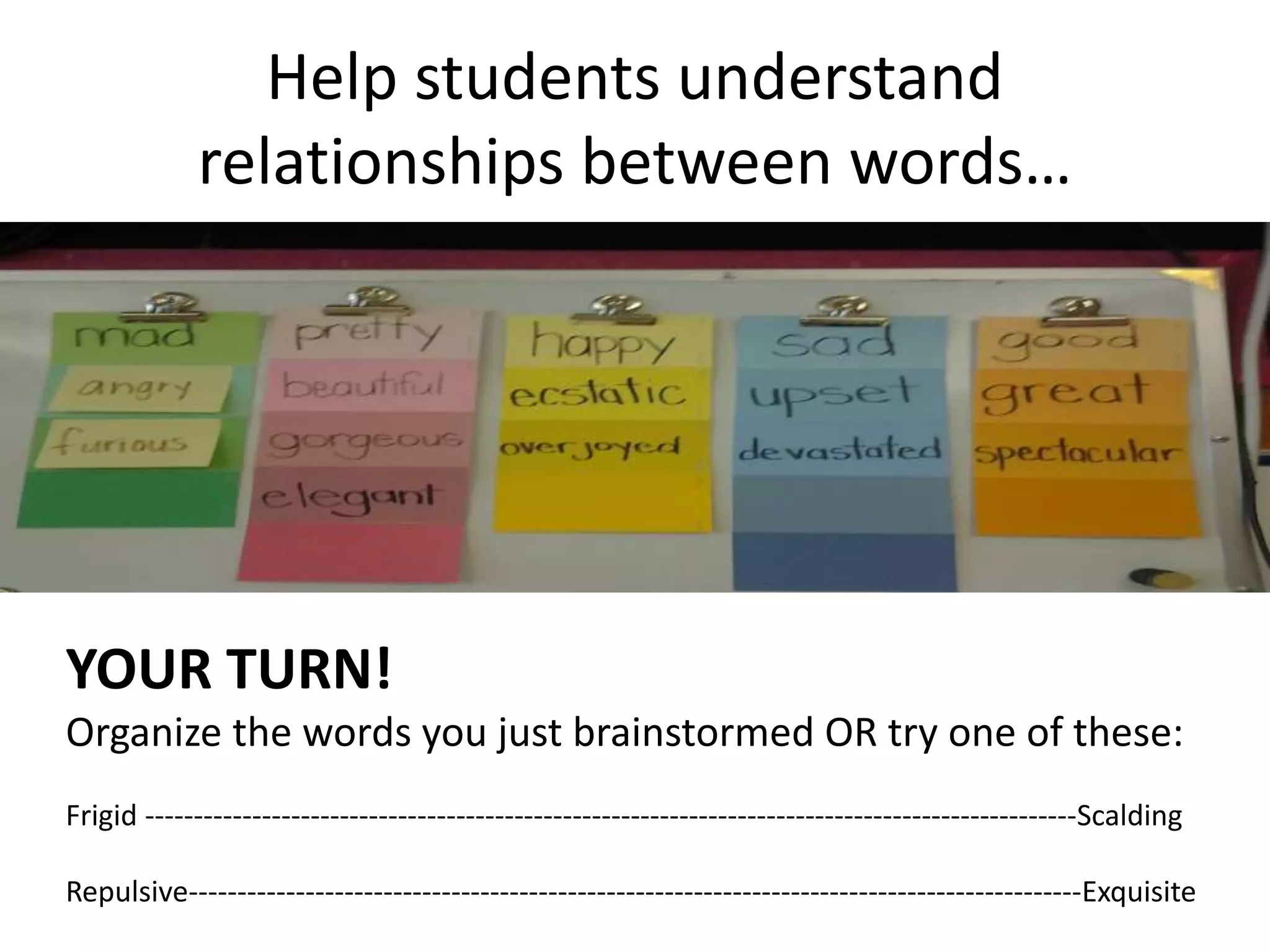 Help students understand
relationships between words…
YOUR TURN!
Organize the words you just brainstormed OR try one of these:
Frigid ------------------------------------------------------------------------------------------------Scalding
Repulsive--------------------------------------------------------------------------------------------Exquisite
 