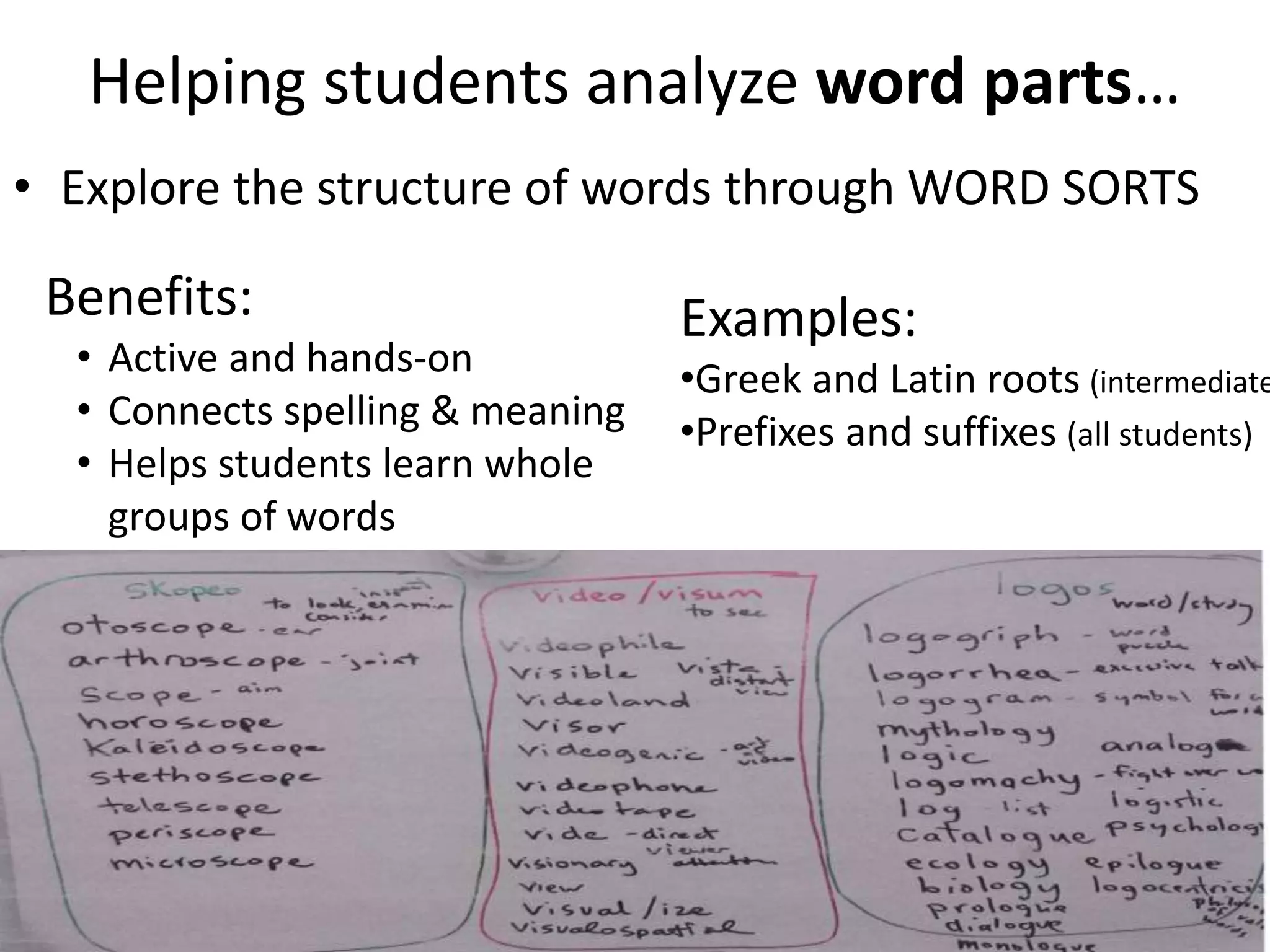 Helping students analyze word parts…
• Explore the structure of words through WORD SORTS
Benefits:
• Active and hands-on
• Connects spelling & meaning
• Helps students learn whole
groups of words
Examples:
•Greek and Latin roots (intermediate
•Prefixes and suffixes (all students)
 