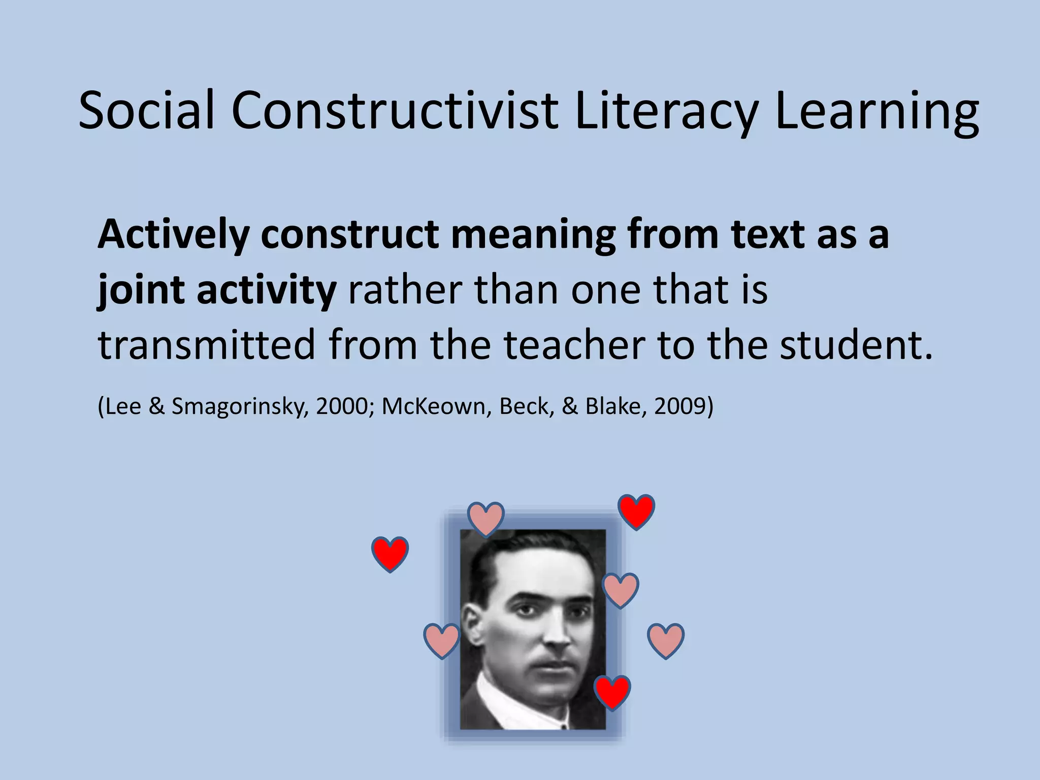 Actively construct meaning from text as a
joint activity rather than one that is
transmitted from the teacher to the student.
(Lee & Smagorinsky, 2000; McKeown, Beck, & Blake, 2009)
Social Constructivist Literacy Learning
 