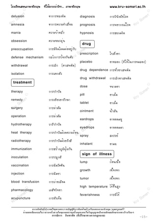 âÃ§àÃÕ Â ¹ÊÍ¹ÀÒÉÒÍÑ § ¡ÄÉ ·Õ è ã Ëé Á Ò¡¡Çè Ò ÇÔ ª Ò... ÀÒÉÒÍÑ § ¡ÄÉ                                   www.kru-somsri.ac.th
            R
                                                                                                                                          R

           ri                                                                                                                   sri
        ms
 delusion
      o                              ÍÒ¡ÒÃËÅ§¼Ô ´                            diagnosis                 ¡ÒÃÇÔ ¹ Ô ¨ ©Ñ Â âÃ¤   m
 r uS                                                                                                                      So
Kamnesia                             ÍÒ¡ÒÃ¤ÇÒÁ¨ÓàÊ× è Í Á                    prognosis                 ¡ÒÃ¾ÂÒ¡Ã³ì â Ã¤ Kru
mania                                ¤ÇÒÁºé Ò ¤ÅÑ è §                        hypnosis                  ¡ÒÃÊÐ¡´¨Ô µ
obsession                            ¤ÇÒÁËÁ¡ÁØ è ¹
                                                                               drug
                                                                                 R


preoccupation
                                                                  m sr i
                                     ¡ÒÃÁÕ ¨ Ô µ ã¨¨´¨è Í ÍÂÙ è ¡ Ñ º
                                                               So
                                                                prescription                           ãºÊÑ è § ÂÒ
defense mechanism                    ¡Åä¡¡ÒÃ»é Í §¡Ñ ¹ µÑ ÇKru
                                                                             placebo                   ÂÒËÅÍ¡ (·Õ è ã ªé ã ¹¡ÒÃ·´ÅÍ§)
withdrawal                           ¡ÒÃàÅÔ ¡ (ÂÒàÊ¾µÔ ´ )
                                                                             drug dependence           ¡ÒÃ¾Ö è § ÂÒàÊ¾µÔ ´
isolation                            ¡ÒÃáÂ¡µÑ Ç
                                                                             drug withdrawal           ¡ÒÃàÅÔ ¡ ÂÒàÊ¾µÔ ´
  treatment
                                                                                                       ¢¹Ò´ÂÒ
                                                                                                                                          R
                                                                             dose
                                                                                                                                        ri
therapy                              ¡ÒÃºÓºÑ ´                                                                                       ms
                R                                                            pill                      ÂÒàÁç ´                    So
remedy sri                           ¡ÒÃàÂÕ Â ÇÂÒÃÑ ¡ ÉÒ                                                                      Kru
        m                                                                                              ÂÒàÁç ´
     So                                                                      tablet
 Kru
surgery                              ¡ÒÃ¼è Ò µÑ ´
                                                                             ointment                  ¹é Ó ÁÑ ¹
operation                            ¡ÒÃ¼è Ò µÑ ´
                                                                             eardrops
                                                                                      R
                                                                                                       ÂÒËÂÍ´ËÙ
hydrotherapy                         ÇÒÃÕ º ÓºÑ ´                                  r  i
                                                                                ms
                                                                             eyedrops                  ÂÒËÂÍ´µÒ
                                                                    o
heat therapy                         ¡ÒÃºÓºÑ ´ ´é Ç Â¤ÇÒÁÃé Í ¹ru S
                                                             K spray                                   Êà»ÃÂì
radiotherapy                         ¡ÒÃºÓºÑ ´ ´é Ç ÂÃÑ § ÊÕ
                                                                             inhalant                  ÂÒ´Á
immunization                         ¡ÒÃÊÃé Ò §ÀÙ Á Ô ¤ Ø é Á ¡Ñ ¹
                                                                               sign of illness
inoculation                          ¡ÒÃ»ÅÙ ¡ ½Õ
                                                                             lump                      ¡é Í ¹à¹× é Í
vaccination                          ¡ÒÃ©Õ ´ ÇÑ ¤ «Õ ¹
                                                                             growth                    à¹× é Í §Í¡
injection                            ¡ÒÃ©Õ ´ ÂÒ
                                                                             tumor                     à¹× é Í §Í¡
blood transfusion                    ¡ÒÃ¶è Ò ÂàÅ× Í ´
                                                                             high temperature          ä¢é ¢ Ö é ¹ ÊÙ §
                                     àÀÊÑ ª ÇÔ · ÂÒ
                R
pharmacology                                                                                                                              R



        m sri                                                                feverishness              ¡ÒÃÁÕ ä ¢é                      sr i
     So                                                                                                                              m
acupuncture                          ¡ÒÃ½Ñ § à¢ç Á                                                                                So
 Kru                                                                                                                          Kru
                                                                     ก                            ก
                    ก                                     ก                  ก ก                   ก        ก         ก
                                        ก       ก                        (     ก          ก   )                                   -15-
 