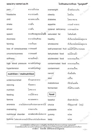 www.kru-somsri.ac.th                                                                 âÃ§àÃÕ Â ¹ÊÍ¹ÀÒÉÒÍÑ § ¡ÄÉ “¤Ø ³ ¤ÃÙ Ê ÁÈÃÕ ”
            R
                                                                                                                                            R


 pain msr
          i
      o                         ÍÒ¡ÒÃà¨ç º »Ç´                       overweight                      ¹é Ó Ë¹Ñ ¡ ÁÒ¡à¡Ô ¹               m sr i
 r uS                                                                                                                               So
Kheadache                       ÍÒ¡ÒÃ»Ç´ËÑ Ç                         obesity                         âÃ¤Íé Ç ¹                  Kru
chill                           ¤ÇÒÁË¹ÒÇàÂç ¹                        diabetes                        âÃ¤àºÒËÇÒ¹
shake                           ¡ÒÃÊÑ è ¹                            appetite                        ¡ÒÃà¨ÃÔ - ÍÒËÒÃ
                                                                            R


shiver                          ¡ÒÃÊÑ è ¹
                                                              m        sri
                                                                     mineral deficiency              ¡ÒÃ¢Ò´áÃè ¸ Òµ
                                                           So
spasm                           ÍÒ¡ÒÃªÑ¡¡ÃÐµØ¡¢Í§¡ÅéÒÁà¹×u saturated
                                                     Kr Íé                          fat              ä¢ÁÑ ¹ ÍÔ è Á µÑ Ç
dizziness                       ÍÒ¡ÒÃàÇÕ Â ¹ÈÕ Ã ÉÐ                  healthy                         ·Õ è à »ç ¹ »ÃÐâÂª¹ì µ è Í ÊØ ¢ ÀÒ¾
fainting                        ¡ÒÃà»ç ¹ ÅÁ                          wholesome                       ·Õ è à »ç ¹ »ÃÐâÂª¹ì µ è Í ÊØ ¢ ÀÒ¾
loss of consciousness           ¡ÒÃËÁ´ÊµÔ                            well-preserved fruit            ¼ÅäÁé · Õ è ä ´é Ã Ñ º ¡ÒÃ¶¹ÍÁ
                                                                                                                                            R


                                ¡ÒÃËÁ´ÊµÔ                                                            ¼ÅäÁé Í ºáËé §              ri
unconsciousness                                                      dehydrated food
                                                                                                                           So ms
                R

stiffness
         sr i                   ¤ÇÒÁàÁ× è Í ÂÅé Ò                    adulterated food                ÍÒËÒÃ»¹à»× é Í ¹ K ru
      om
     Sblood                     ¤ÇÒÁ´Ñ ¹ âÅËÔ µ ÊÙ §                                                 ÍÒËÒÃ»¹à»× é Í ¹
 Kru
high                pressure                                         contaminated food

hypertension                    ¤ÇÒÁ´Ñ ¹ âÅËÔ µ ÊÙ §                 contaminant                     ÊÒÃ»¹à»× é Í ¹

 nutrition / malnutrition                                            rancid
                                                                                R
                                                                                                     ·Õ è à ËÁç ¹ Ë× ¹
                                                                      ri
                                                                   ms
                                                                So
                                                              usour                                  à»ÃÕ é Â Ç
undernourished                  ·Õ è ¢ Ò´ÊÒÃÍÒËÒÃ          Kr
                                                                     malodorous                      ·Õ è Á Õ ¡ ÅÔ è ¹ àËÁç ¹
starving                        ·Õ è Í ´ÍÂÒ¡
                                                                     fermented                       ·Õ è ä ´é Ã Ñ º ¡ÒÃËÁÑ ¡
nutrition                       âÀª¹Ò¡ÒÃ
feeding                         ¡ÒÃãËé Í ÒËÒÃ                         food

famine                          ¤ÇÒÁÍ´ÍÂÒ¡                           tasteful                        ÁÕ Ã ÊªÒµÔ Í Ãè Í Â
anorexia            ÀÒÇÐäÁè Ê ÒÁÒÃ¶ÃÑ º »ÃÐ·Ò¹ÍÒËÒÃä´é               choice                          ·Õ è Á Õ ¤ Ø ³ ÀÒ¾´Õ (adj)
overeating                      ·Ò¹ÁÒ¡à¡Ô ¹                          palatable                       ÍÃè Í Â
                R

                                ¤ÇÒÁ¼Ô´»¡µÔ·Ò§âÀª¹Ò¡ÒÃ
                                                                                                                                            R
nutritionali disorder
          rs                                                         yummy                           ÍÃè Í Â                               ri
      S om                                                                                                                            o ms
bulimia âÃ¤¼Ô´»¡µÔ·Ò§ÍÒÃÁ³ì·ÓãËé¡Ô¹ÁÒ¡à¡Ô¹ä»áÅéÇÍÒà¨ÕÂ¹ÍÍ¡
 K ru                                                                tasty                           ÍÃè Í Â
                                                                                                                                Kr uS
                                                             ก                                  ก
                    ก                                  ก             ก ก                         ก      ก         ก
                                       ก       ก                 (      ก           ก       )                                      -16-
 