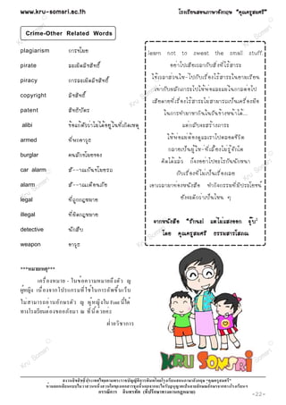 www.kru-somsri.ac.th                                                                                                âÃ§àÃÕ Â ¹ÊÍ¹ÀÒÉÒÍÑ § ¡ÄÉ “¤Ø ³ ¤ÃÙ Ê ÁÈÃÕ ”
            R
                                                                                                                                                                                   R


       m sri                                                                                                                                                                    sr i
    So
   Crime-Other              Related Words                                                                                                                                     m
                                                                                                                                                                           So
Kru                                                                                                                                                                    Kru
plagiarism                  ¡ÒÃ¢âÁÂ                                                           learn not to sweat the small stuff.
pirate                      ÅÐàÁÔ ´ ÅÔ ¢ ÊÔ · ¸Ô ì                                                            ÍÂè Ò ä»àÊÕ Â àÇÅÒ¡Ñ º ÊÔ è § ·Õ è ä Ãé Ê ÒÃÐ
piracy                      ¡ÒÃÅÐàÁÔ ´ ÅÔ ¢ ÊÔ · ¸Ô ì                                          ãªé à ÇÅÒÊè Ç ¹ãË-è ä »¡Ñ º àÃ× è Í §äÃé Ê ÒÃÐã¹ÂÒÁàÃÕ Â ¹
                                                                                                    R


                                                                                       ri
copyright                   ÅÔ ¢ ÊÔ · ¸Ô ì                                         o msà·è Ò ¡Ñ º ¼ÅÑ ¡ ÀÒÃÐä»ãËé ¾ è Í áÅÐáÁè ã ¹¡ÒÅµè Í ä»
                                                                             Kr u S àÊÕ Â ´ÒÂ·Õ è à Ã× è Í §äÃé Ê ÒÃÐäÁè Ê ÒÁÒÃ¶à»ç ¹ à¤Ã× è Í §Á× Í
patent                      ÊÔ · ¸Ô º Ñ µ Ã                                                              ã¹¡ÒÃ·ÓÁÒËÒ¡Ô ¹ ã¹ÇÑ ¹ ¢é Ò §Ë¹é Ò ä´é . ..
alibi                       ¢é Í á¡é µ Ñ Ç Çè Ò äÁè ä ´é Í ÂÙ è ã ¹·Õ è à ¡Ô ´ àËµØ                                    áµè ¡ ÅÑ º ¨ÐÊÃé Ò §ÀÒÃÐ
armed                       ·Õ è ¾ ¡ÍÒÇØ ¸                                                                   ãËé ¾ è Í áÁè µ é Í §´Ù á ÅàÃÒä»µÅÍ´ªÕ Ç Ô µ
                                                                                                             ¡ÅÒÂà»ç ¹ ¼Ù é ã Ë-è · Õ è à ÅÕ é Â §äÁè Ã Ù é ¨ Ñ ¡ âµ
burglar                     ¤¹ÅÑ ¡ ¢âÁÂ¢Í§                                                                                                                                         R

                                                                                                        ¤Ô ´ ä´é á Åé Ç ¡ç ¨ §ÍÂè Ò ä»ÍÐäÃ¡Ñ ¹ ¹Ñ ¡ Ë¹Ò                          ri
car alarm R                 ÊÑ - -Ò³¡Ñ ¹ ¢âÁÂÃ¶                                                                                                                            So ms
                                                                                                                   ¡Ñ º àÃ× è Í §·Õ è ä Áè à »ç ¹ àÃ× è Í §àÅÂ
          ri                                                                                                                                                           Kru
alarm oms                   ÊÑ - -Ò³àµ× Í ¹ÀÑ Â                                               àÍÒàÇÅÒÁÒ·è Í §Ë¹Ñ § Ê× Í ·Ó¡Ô ¨ ¡ÃÃÁ·Õ è Á Õ » ÃÐâÂª¹ì
      S
 K ru
legal                       ·Õ è ¶ Ù ¡ ¡®ËÁÒÂ                                                                          ÂÑ § ¨Ð´Õ ¡ Çè Ò à»ç ¹ äË¹ æ

illegal                     ·Õ è ¼ Ô ´ ¡®ËÁÒÂ
                                                                                                ¨Ò¡Ë¹Ñ § Ê× Í “ÃÑ ¡ ¹Ð! áµè ä Áè á Ê§ÍÍ¡ ¨Ø ê º 2
                                                                                                         R


detective                   ¹Ñ ¡ Ê× º                                                       ri
                                                                                        o ms â´Â ¤Ø ³ ¤ÃÙ Ê ÁÈÃÕ ¸ÃÃÁÊÒÃâÊÀ³
weapon                      ÍÒÇØ ¸                                                Kr uS

***             ***
                            -
                    ก           ก                 ก
                        ก                                   Font

                                                                        ก

                R
                                                                                                                                                                                   R

            ri                                                                                                                                                                    ri
       o ms                                                                                                                                                                  o ms
 Kr uS                                                                                                                                                                    uS
                                                                                                                                                                       Kr
                                                                                      ก                                            ก
                        ก                                              ก                      ก ก                                   ก      ก        ก
                                                   ก        ก                             (     ก                  ก           )                                          -22-
 