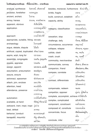 âÃ§àÃÕ Â ¹ÊÍ¹ÀÒÉÒÍÑ § ¡ÄÉ ·Õ è ã Ëé Á Ò¡¡Çè Ò ÇÔ ª Ò... ÀÒÉÒÍÑ § ¡ÄÉ                                        www.kru-somsri.ac.th
            R
                                                                                                                                                       R

analyze, i synthesize
           r                        ÇÔ à ¤ÃÒÐËì , ÊÑ § à¤ÃÒÐËì                 besides, moreover, furthermore                   ÂÔ è § ¡Çè Ò ¹Ñ é ¹ sri
      o ms                                                                                                                                m
   uS
ancestor, forefather                ºÃÃ¾ºØ Ã Ø É                               brittle, fragile                      à»ÃÒÐ             So
Kr                                                                                                                                 Kru
ancient, archaic                    âºÃÒ³                                      build, construct, establish           ÊÃé Ò §
annoy, harass                       Ãº¡Ç¹, µÒÁÃÑ § ¤ÇÒ¹                        capacity, ability                     ¤ÇÒÁ¨Ø ,
apparent, obvious                           ·Õ è à Ëç ¹ ä´é ª Ñ ´                                                    ¤ÇÒÁÊÒÁÒÃ¶
                                                                                     R

application                                 ¡ÒÃ»ÃÐÂØ ¡ µì ã ªé /                  ri
                                                                               category, classification              »ÃÐàÀ··Õ è á ºè § ,
                                                                       s
                                            ¡ÒÃÊÁÑ ¤ Ã§Ò¹ S         om                                               ¡ÒÃáºè § »ÃÐàÀ·
                                                              KÕ ru
                                            ¡ÒÃà¢é Ò ¶Ö § /ÇÔ ¸
approach                                                                       cessation, stop                       ¡ÒÃËÂØ ´
appropriate, suitable, fitting              àËÁÒÐÊÁ                            challenge, defy                       ·éÒ·ÒÂ, ÂÑÇãËéâ¡Ã¸
                                                                                                                              è
archaeology                                 âºÃÒ³¤´Õ                           circumstance, occurrence              àËµØ ¡ ÒÃ³ì
argue, debate, dispute                      âµé á Âé §                         collapse, relapse                     ¾Ñ § ·ÅÒÂ, ·ÃØ ´ Å§
artificial, copied, duplicated              à·Õ Â Á/»ÅÍÁ                       collide, clash                        ª¹, ª¹¡Ñ ¹
                                                                                                                                                       R


                                                                                                                                       ri
aspire, wish, long for                      »ÃÒÃ¶¹Ò                            crash, crush                          ª¹, º´¢ÂÕ é So
                                                                                                                                    ms
                R

assemble,i congregate
        r s                                 ÃÇÁ¡Ñ¹, ªØÁ¹ØÁ¡Ñ¹
                                                                               commodity, merchandise                ÊÔ ¹ ¤é Ò
                                                                                                                               Kru
      S
assess,
        om appraise                         »ÃÐàÁÔ ¹
 K ru                                                                          communicate, convey                   Ê× è Í ÊÒÃ, Ê× è Í ¤ÇÒÁ
assign, appoint                             ÁÍºËÁÒÂ, áµè§µÑé§
                                                                               companion, friend                     à¾×Í¹ÃèÇÁ·Ò§, à¾×Í¹
                                                                                                                       è             è
assumption, presumption                     ÊÁÁµÔ ° Ò¹
                                                                               compare, correlate
                                                                                    R                                à»ÃÕ Â ºà·Õ Â º
                                            ÃÑ º ÃÍ§
                                                                     sr i
assure, ensure
                                                                   m                                                 (ÊÔ è § àËÁ× Í ¹)
astronaut, spaceman                         ¹Ñ ¡ ºÔ ¹ ÍÇ¡ÒÈ     So
                                                            Krucontrast, differentiate                               à»ÃÕ Â ºà·Õ Â º
attach, join, enclose                       á¹º/µÔ ´
                                                                                                                     (ÊÔ è § áµ¡µè Ò §)
attention, heed                             ¤ÇÒÁãÊè ã ¨
                                                                               compensate, redeem                    ª´àªÂ
attendance, presence                        ¡ÒÃà¢é Ò Ãè Ç Á,
                                                                               competitor, opposer                   ¤Ù è á ¢è § , ¼Ù é ¤ Ñ ´ ¤é Ò ¹
                                            ¡ÒÃ»ÃÒ¡¯
                                                                               complete, accomplish, achieve               ·ÓãËé Ê ÓàÃç ¨
automation                                  ¡ÒÃãªé à ¤Ã× è Í §¨Ñ ¡ Ã
                                                                               complex, complicated                  ÊÅÑ º «Ñ º «é Í ¹
available, at hand                          ·Õ è Á Õ Í ÂÙ è / ·Õ è Ë ÒÁÒä´é
                                                                               component, constituent                Í§¤ì » ÃÐ¡Íº
awkward, inert, inept, inapt                §Ø è Á §è Ò Á
                                                                               composed of, constitute               »ÃÐ¡Íº´é Ç Â
beat, defeat                                àÍÒª¹Ð
                                                                               concentrate, focus                    ÁÕ¨Ôµã¨¨´¨èÍÍÂÙè¡Ñº,
behavior, Rconduct                          ¤ÇÒÁ»ÃÐ¾ÄµÔ                                                                                                R



        m
bereaved,
          sri mournful                      ·Õ è Ê Ù - àÊÕ Â ¤¹ÃÑ ¡ ,                                                à¹é ¹         sr i
     So                                                                                                                         om
 Kru                                        àÈÃé Ò âÈ¡                         conclude, infer                       ÊÃØ » ru S
                                                                                                                           K
                                                                       ก                               ก
                    ก                                       ก                  ก ก                      ก    ก   ก
                                        ก      ก                           (     ก        ก        )                                       -3-
 