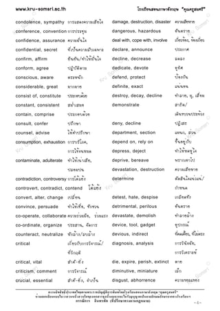 www.kru-somsri.ac.th                                                                 âÃ§àÃÕ Â ¹ÊÍ¹ÀÒÉÒÍÑ § ¡ÄÉ “¤Ø ³ ¤ÃÙ Ê ÁÈÃÕ ”
           R
                                                                                                                                         R


          sri
 condolence, sympathy ¡ÒÃáÊ´§¤ÇÒÁàÊÕ Â ã¨
        m                                                            damage, destruction, disaster            ¤ÇÒÁàÊÕÂËÒÂ       sr i
     So                                                                                                                      om
Kconference, convention ¡ÒÃ»ÃÐªØ Á
  ru                                                                 dangerous, hazardous                     ÍÑ ¹ µÃÒÂ ru S
                                                                                                                      K
confidence, assurance        ¤ÇÒÁÁÑ è ¹ ã¨                           deal with, cope with, involve            à¡ÕèÂÇ¢éÍ§, ¢éÍ§à¡ÕèÂÇ
confidential, secret         ·Õ è à »ç ¹ ¤ÇÒÁÅÑ º à©¾ÒÐ              declare, announce                        »ÃÐ¡ÒÈ
confirm, affirm              Â× ¹ ÂÑ ¹ /·ÓãËé Á Ñ è ¹ ã¨             decline, decrease
                                                                            R
                                                                                                              Å´Å§
conform, agree               »¯Ô º Ñ µ Ô µ ÒÁ
                                                                  m    sri
                                                                     dedicate, devote                         ÍØ · Ô È
conscious, aware             µÃÐË¹Ñ ¡                          So
                                                                defend, protect                               »é Í §¡Ñ ¹
                                                           Kru
considerable, great          ÁÒ¡ÁÒÂ                                  definite, exact                          á¹è ¹ Í¹
consist of, constitute       »ÃÐ¡Íº´éÇÂ                              destroy, decay, decline                  ·ÓÅÒÂ, ¼Ø , àÊ× è Í Á
constant, consistent         ÊÁè Ó àÊÁÍ                              demonstrate                              ÊÒ¸Ô µ /
contain, comprise            »ÃÐ¡Íº´é Ç Â                                                                     à´Ô¹¢ºÇ¹»ÃÐ·éÇ§
                                                                                                                                         R

consult, confer              »ÃÖ ¡ ÉÒ                                deny, decline                            »¯Ô à Ê¸          ri
                                                                                                                             ms
                                                                                                              á¼¹¡, Êè Çu So
counsel, advise              ãËé ¤ Ó»ÃÖ ¡ ÉÒ                         department, section
                                                                                                                      r¹
         R



        m sri exhaustion ¡ÒÃºÃÔ â À¤,
consumption,                                                         depend on, rely on
                                                                                                                    K
                                                                                                              ¢Ö é ¹ ÍÂÙ è ¡ Ñ º
     So
 Kru                     ¡ÒÃãªé ¨ ¹ËÁ´                               depress, deject                          ·ÓãËé Ë ´ËÙ è ã ¨
contaminate, adulterate      ·ÓãËé à ¹è Ò àÊÕ Â ,                    deprive, bereave                         ¾ÃÒ¡àÍÒä»
                             »ÅÍÁ»¹                                  devastation, destruction
                                                                           R                                  ¤ÇÒÁàÊÕ Â ËÒÂ
                                                                                ri
contradiction, controversy   ¡ÒÃâµé á Âé §                         o    ms
                                                                     determine                                µÑ ´ ÊÔ ¹ ã¨á¹è Ç á¹è /
controvert, contradict, contend                   âµé á Âé § Kr uS                                            ¡ÓË¹´
convert, alter, change       à»ÅÕ è Â ¹                              detest, hate, despise                    à¡ÅÕ Â ´ªÑ §
convince, persuade           ·ÓãËé à ª× è Í , ªÑ ¡ ªÇ¹               detrimental, perilous                    ÍÑ ¹ µÃÒÂ
co-operate, collaborate      ¤ÇÒÁÃè Ç ÁÁ× Í , Ãè Ç ÁáÃ§              devastate, demolish                      ·ÓÅÒÂÅé Ò §
co-ordinate, organize        »ÃÐÊÒ¹, ¨Ñ ´ ¡ÒÃ                        device, tool, gadget                     ÍØ » ¡Ã³ì
counteract, neutralize       ËÑ ¡ Åé Ò §/ÅºÅé Ò §                    devious, indirect                        ·Õè¤´à¤ÕéÂÇ, ·ÕèäÁèµÃ§
critical                     à¡Õ è Â Ç¡Ñ º ¡ÒÃÇÔ ¨ ÒÃ³ì /            diagnosis, analysis                      ¡ÒÃÇÔ ¹ Ô ¨ ©Ñ Â ,
                             ·Õ è Ç Ô ¡ ÄµÔ                                                                   ¡ÒÃÇÔ à ¤ÃÒÐËì
critical, vital
            R                ÊÓ¤Ñ - ÂÔ è §                           die, expire, perish, extinct             µÒÂ                        R

            ri                                                                                                àÅç ¡            ri
         ms
criticism, comment
       o                     ¡ÒÃÇÔ ¨ ÒÃ³ì                            diminutive, miniature
                                                                                                                          o ms
 Kr u S essential
crucial,                     ÊÓ¤Ñ - ÂÔ è § , ¨Óà»ç ¹                 disgust, abhorrence                               uS
                                                                                                              ¤ÇÒÁ¢ÂÐá¢Â§
                                                                                                                    Kr
                                                             ก                                  ก
                  ก                                  ก               ก ก                         ก   ก    ก
                                     ก        ก                  (      ก            ก      )                                      -4-
 